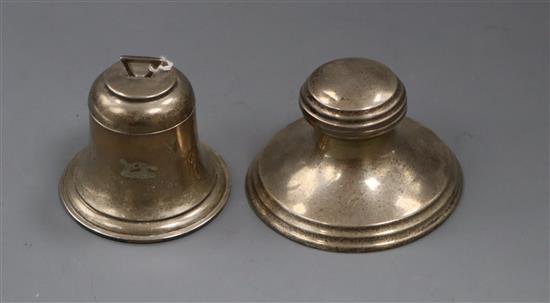 A George V silver bell shaped inkwell and a 1930s silver inkwell.